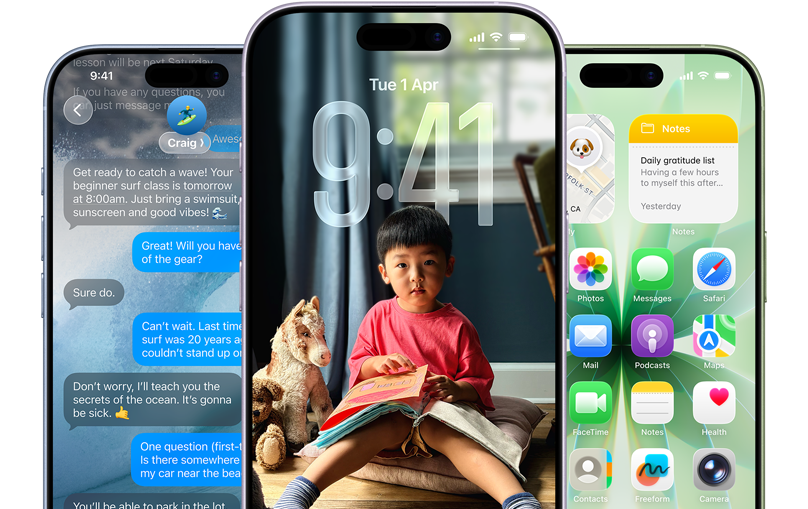 iPhone 17 devices, front exterior, colors: mist blue, lavender, sage, iOS features - Background with messages, Liquid Glass showing the Lock Screen and Home Screen with various apps displayed