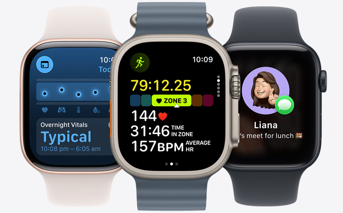 Three Apple Watch models, centre in Natural color, face shows run in progress with heart rate stats, right in Jet Black, face with Genmoji, left in Rose Gold, face shows Vitals