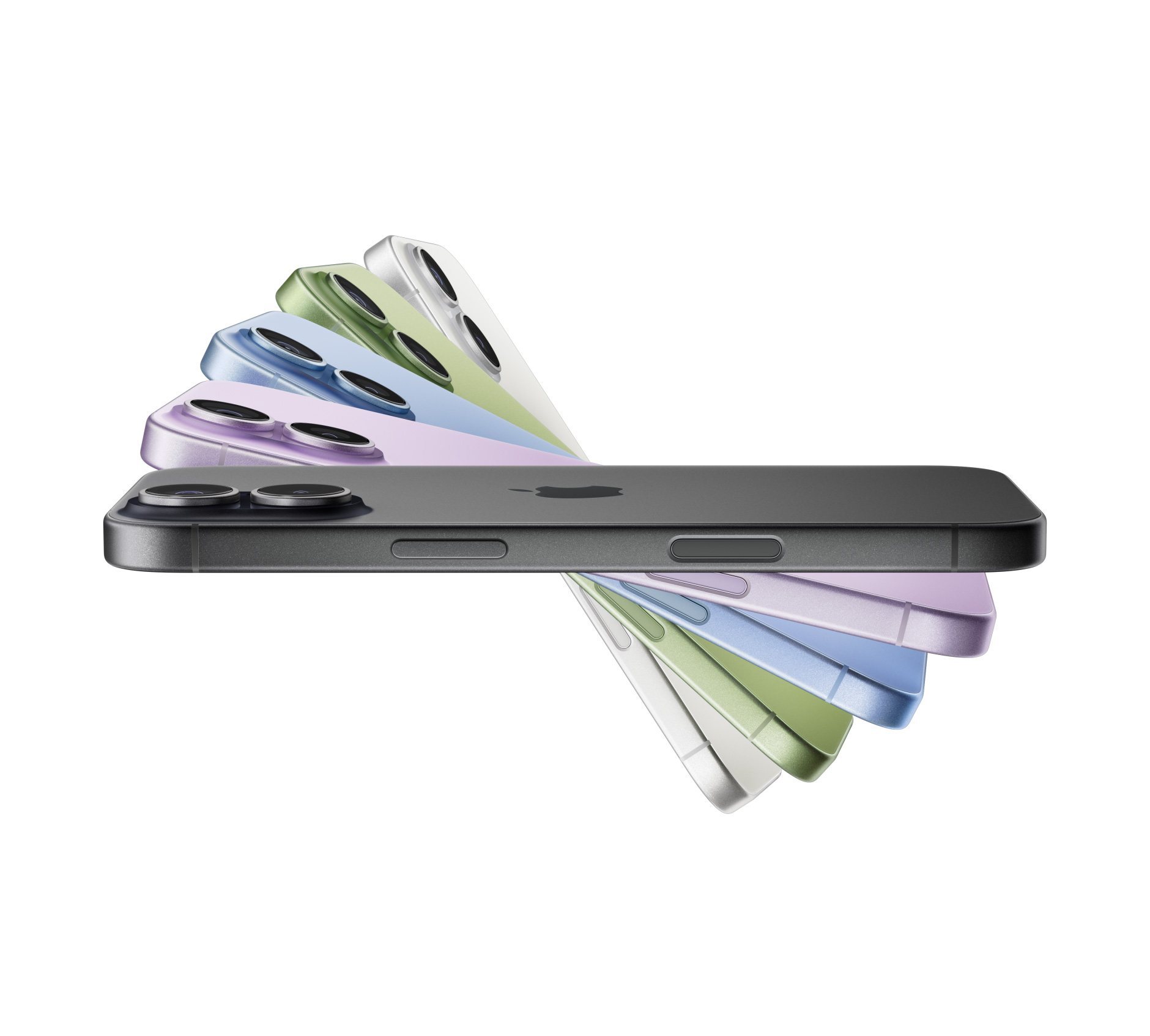 Разположени ветрилообразно iPhone 17 устройства, цветове: черен, лавандула, синя мъгла, градински чай, бял