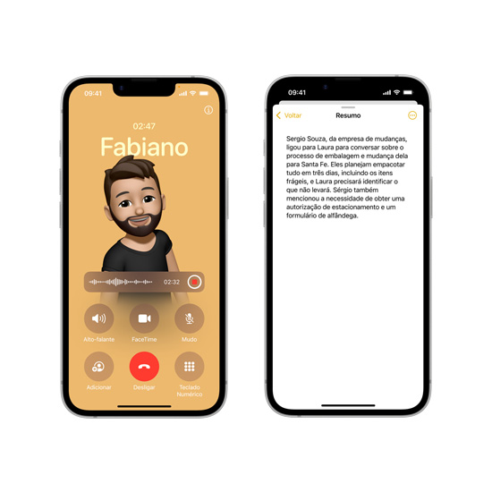 Telas do iPhone 16e mostram, no app Notas, um resumo de uma ligação telefônica gerado pela Apple Intelligence.