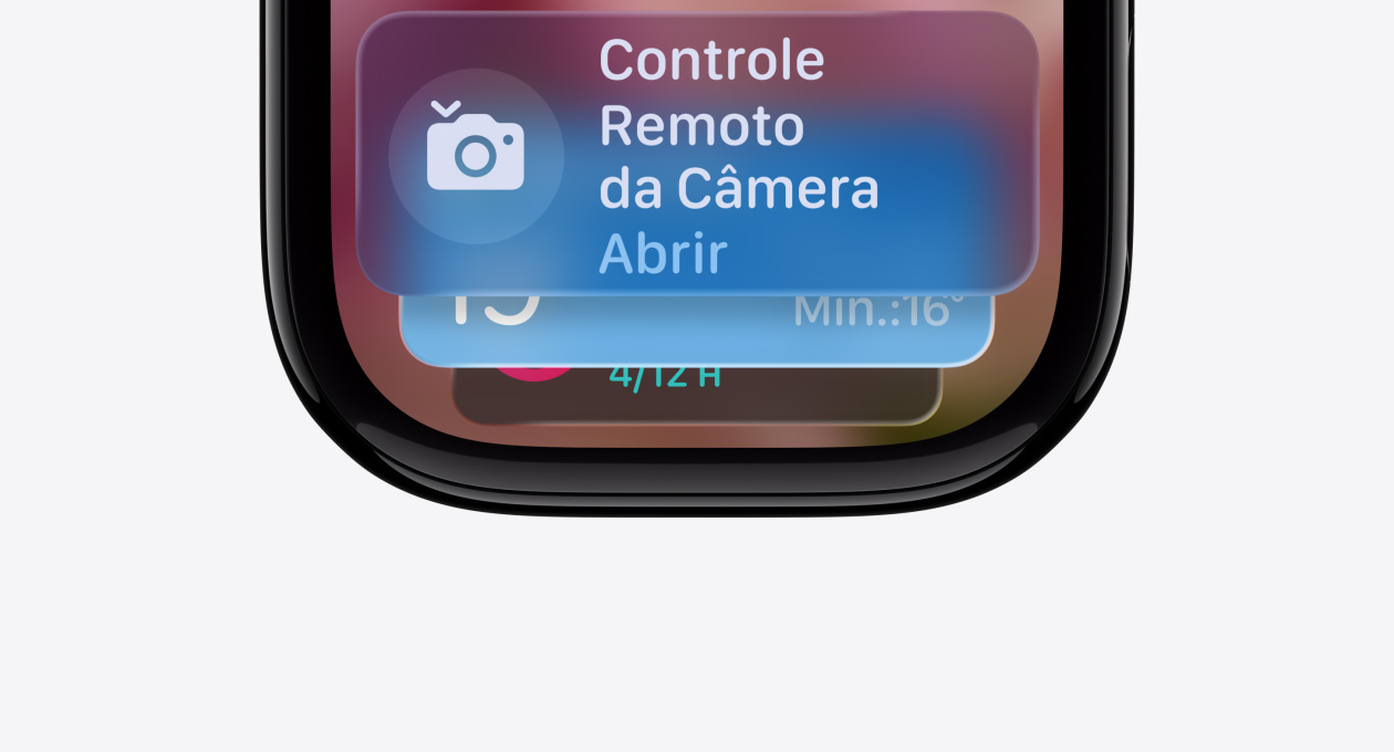 Apple Watch com caixa preta brilhante sem pulseira e mostrador que exibe o indicador de dicas de Conjunto Inteligente.