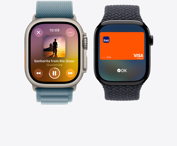 Apple Watch Ultra 3 com caixa natural de titânio, app Apple Music, tela Reproduzindo, Apple Watch Series 11 com caixa preta brilhante de alumínio, tela do Apple Pay, Apple Card