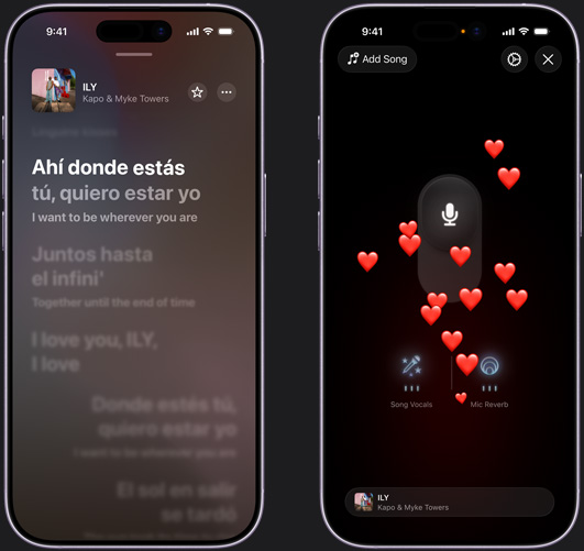 iPhone on left showing Apple Music Sing mode on iPhone playing “ILY” by Kapo and Myke Towers, iPhone on right showing Apple Music Sing mode on iPhone with heart emojis rising up from the bottom of the screen, microphone icon in middle of screen, “Song Vocals” and “Mic Reverb” icons at bottom of screen