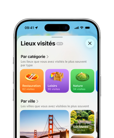 iPhone, moitié supérieure seulement, écran montrant la fonctionnalité Lieux visités de l’app Plans et les options Par catégories et Villes