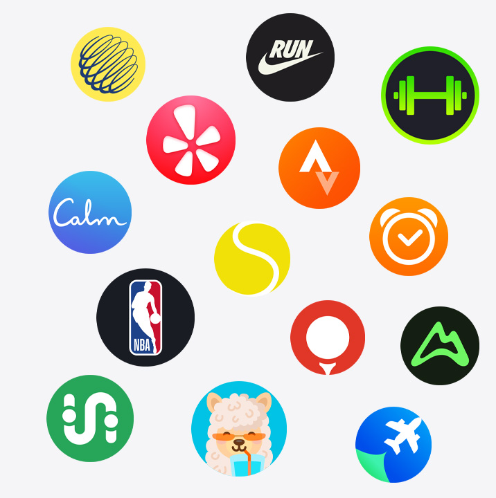 Icônes d’apps Apple Watch : ChargePoint, Yelp, Nike Run Club, SmartGym, Calm, NBA, SwingVision, Oceanic+, WeChat, Waterllama, Golfshot, JetBlue, AllTrails
