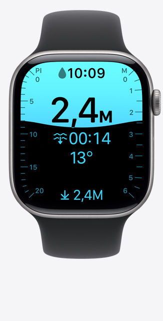 Apple Watch Series 11, boîtier en aluminium, or rose, écran affichant l’app Profondeur, plongée à 2,4 mètres