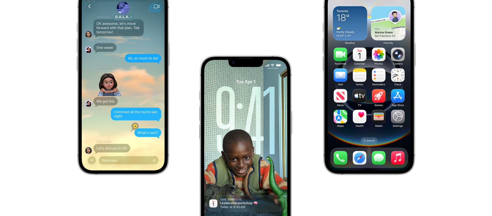 Three iPhone 16e devices, front exterior, partial view, iOS 26 features - iPhone screen showing Messages, Calendar pop-up on personalized Lock Screen, Home Screen with various apps displayed.