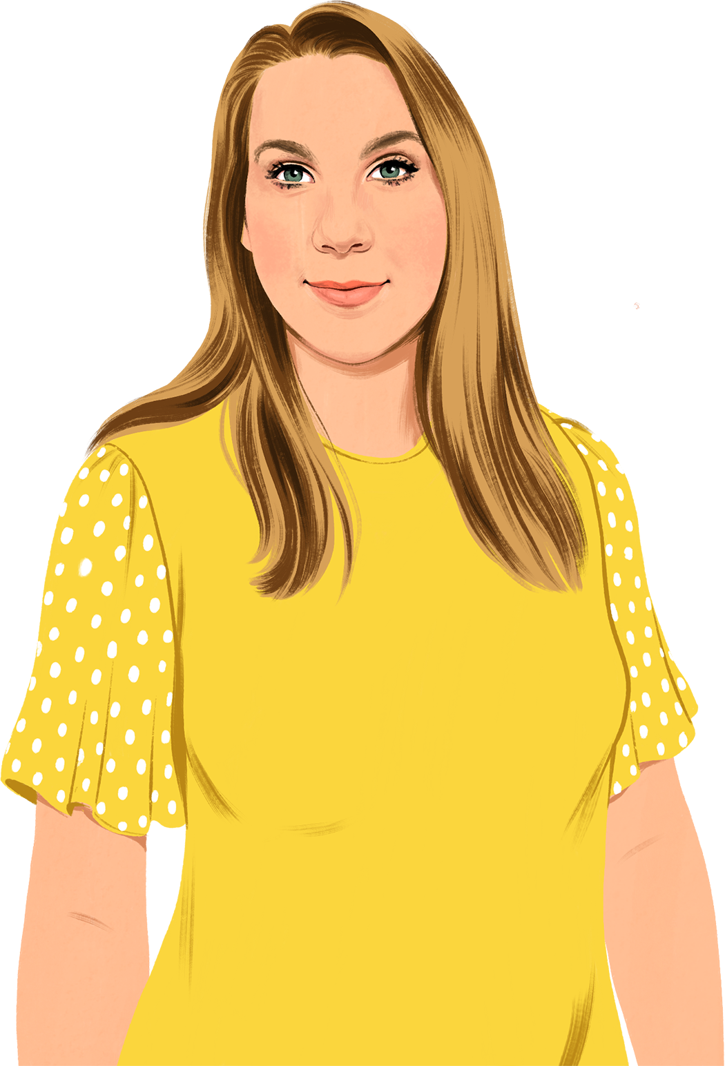 Tecknad bild på Jennifer som ler och tittar på läsaren. Gröna blad visas i bild.