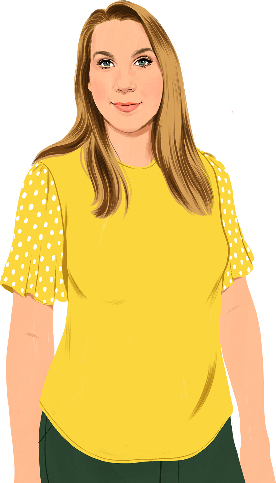 Tecknad bild på Jennifer som ler och tittar på läsaren. Gröna blad visas i rutan.