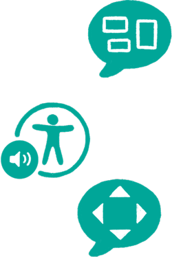 Tři ikony zpřístupnění Apple značící VoiceOver, předčítání obsahu a hlasové ovládání. 