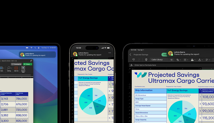 Una hoja de cálculo y un mensaje de texto en las pantallas de distintos dispositivos: un Apple Watch, un iPhone, un Mac y un iPad.