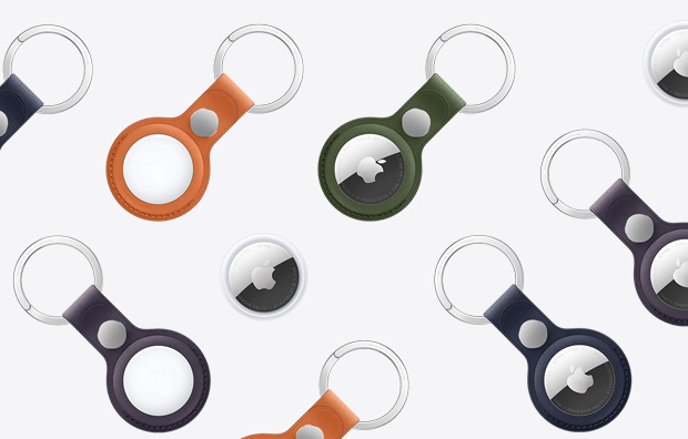 AirTag y llavero de FineWoven para el AirTag: disponible en distintos colores, el llavero cubre el borde exterior y muestra la parte frontal del AirTag con el logo de Apple o la parte posterior blanca