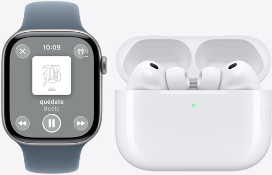 Apple Watch Series 11, app Apple Music, Ahora Suena, AirPods Pro 3, blancos, audífonos, almohadillas de silicón, micrófono, estuche de carga MagSafe, abierto, esquinas redondeadas