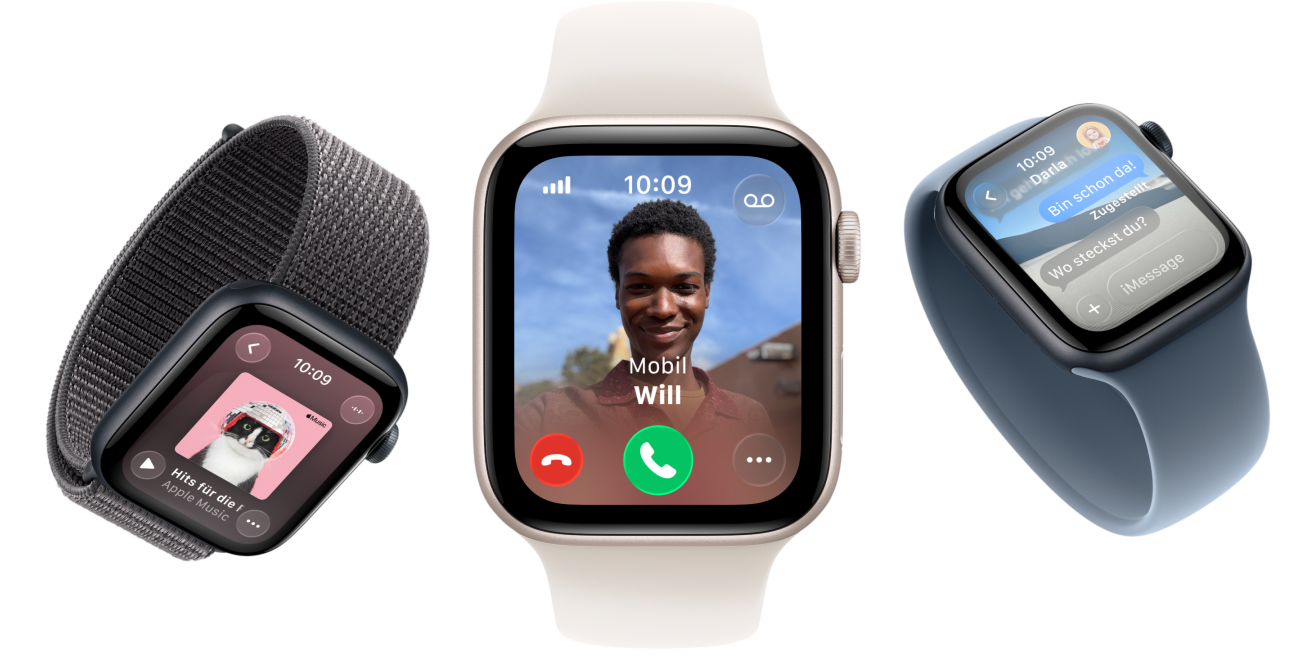 Apple Watch SE 3 Geräte, Aluminiumgehäuse, Farben Polarstern und Mitternacht, Geflochtenes Solo Loop, Farbe Kurkuma, Solo Loop, Farbe Neongelb, Sport Loop, Farbe Dunkelgrau, Displays: Apple Pay, Kontrollzentrum, Apple Music