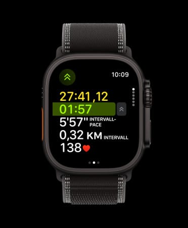 Apple Watch Ultra 3, Farbe Schwarz, Titangehäuse, Lauftraining, nächstes Intervall