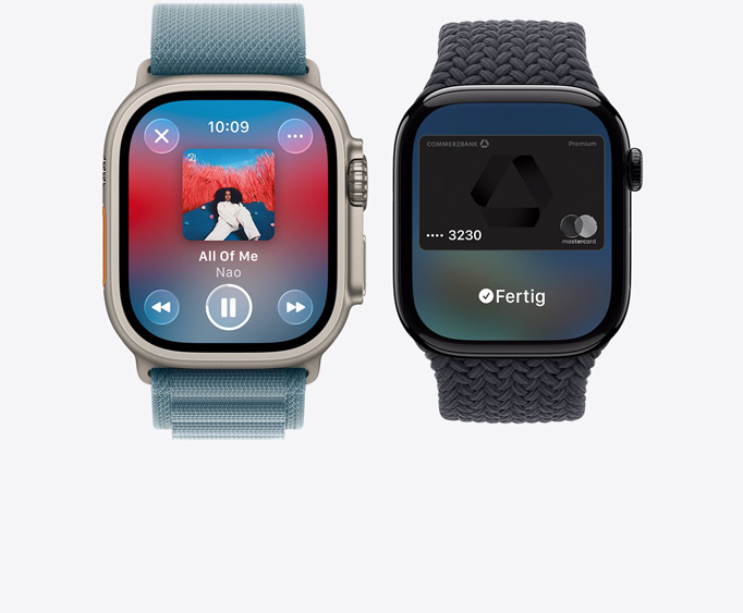 Apple Watch Ultra 3, titanium case, natural color, Apple Music app, now playing screen, Apple Watch Series 11,  aluminum case, polished jet black color, Apple Pay screen, Apple Card