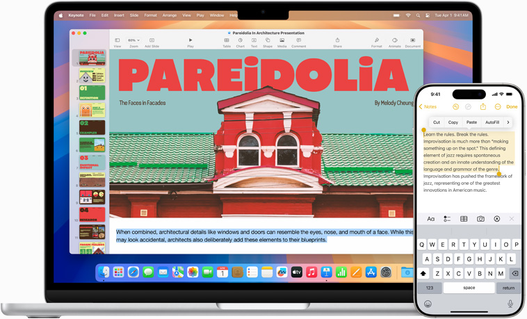 iPhone Mirroring rakenduse esitlemiseks iPhone'i ekraaniga, mida on näidatud MacBook Airi ekraanil