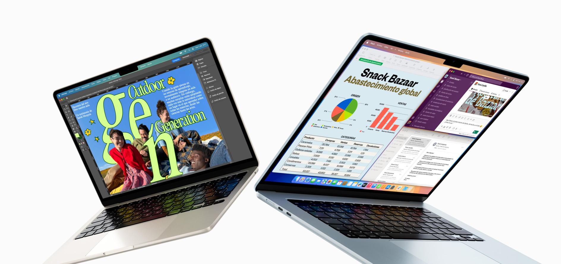 Un MacBook Air de 13 pulgadas y otro de 15 pulgadas, ambos semiabiertos. La pantalla del primero muestra un proyecto de diseño en curso, y la pantalla del segundo muestra una hoja de cálculo y la app Mail utilizándose al mismo tiempo.