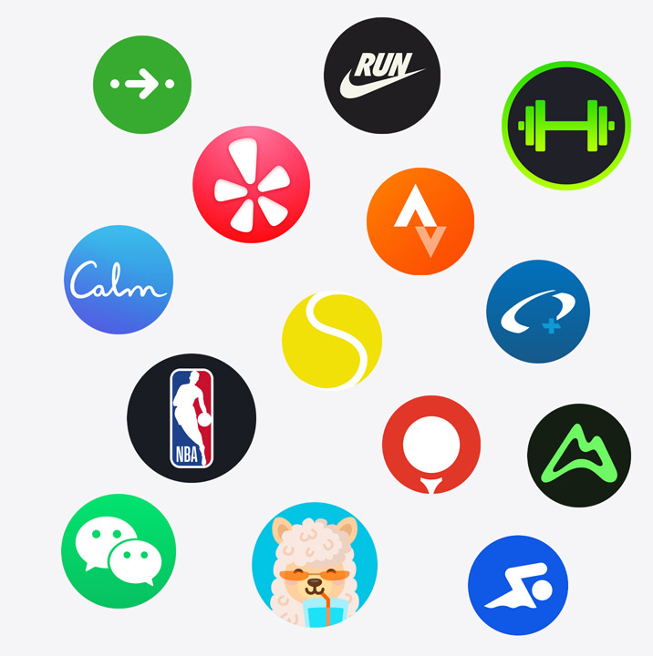 Iconos de apps del Apple Watch: ChargePoint, Yelp, Nike Run Club, SmartGym, Calm, NBA, SwingVision, Oceanic+, WeChat, Waterllama, Golfshot, JetBlue, AllTrails