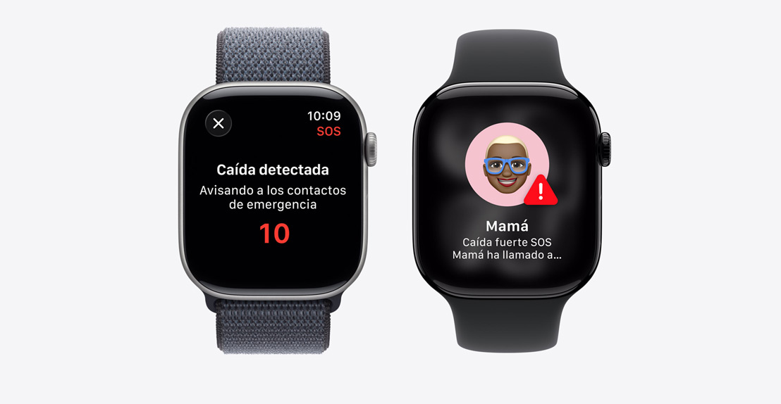 Apple Watch Series 11, notificación de detección de accidente, botón para llamar a los servicios de emergencias, una segunda notificación indica que mamá ha sufrido una caída brusca y ha avisado a los servicios de emergencia