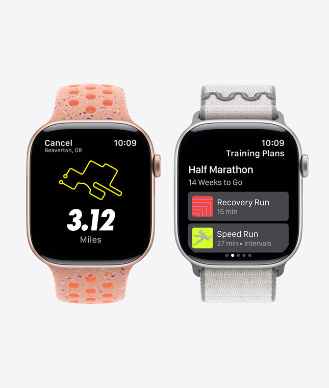 Plusieurs Apple Watch Series 11, app Nike Run Club, fonctionnalités Runs guidés et Programmes d’entraînement
