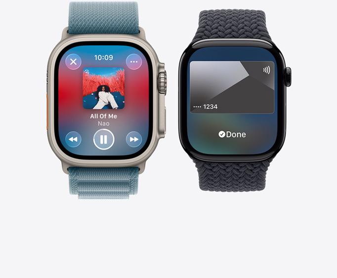 Apple Watch Ultra 3, titanium case, natural color, Apple Music app, now playing screen, Apple Watch Series 11,  aluminum case, polished jet black color, Apple Pay screen, Apple Card