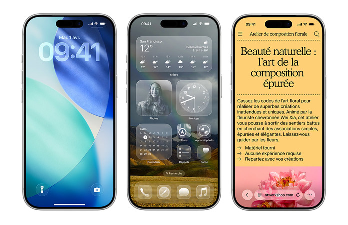 Appareils iPhone placés côte à côte, montrant plusieurs nouveaux éléments de design sur iOS, comme l’écran verrouillé avec des chiffres translucides affichant l’heure en Liquid Glass et un écran d’accueil avec des icônes d’apps transparentes en Liquid Glass