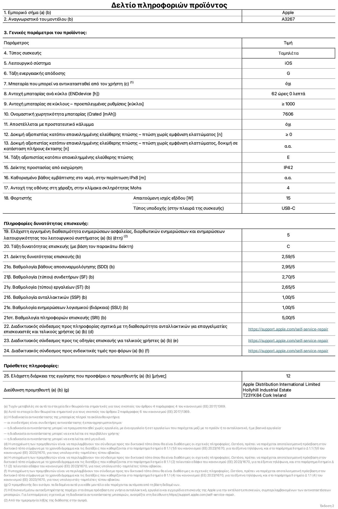 Φύλλο πληροφοριών προϊόντος για το iPad Air Wi-Fi + Cellular 11 ιντσών. Μοντέλο A3267. Παρέχεται από την Apple UK Ltd, 100 New Bridge Street, London EC4V 6JA. Τύπος συσκευής: τάμπλετ. Λειτουργικό σύστημα: iOS. Τάξη ενεργειακής απόδοσης για τυπικό δυναμικό εύρος: G. Αντοχή μπαταρίας: 62 ώρες. Αντοχή μπαταρίας σε κύκλους: ≥ 1000. Αξιολόγηση χωρητικότητας μπαταρίας: 7606 mAh. Δοκιμή αξιοπιστίας κατόπιν επανειλημμένης ελεύθερης πτώσης, πτώσεις χωρίς βλάβη: ≥ 0. Τάξη αξιοπιστίας κατόπιν επανειλημμένης ελεύθερης πτώσης: E. Αξιολόγηση προστασίας από εισχώρηση: IP42. Ανθεκτικότητα οθόνης στις γρατζουνιές στην κλίμακα σκληρότητας Mohs: 4. Απαιτούμενη ισχύς εξόδου φορτιστή: 15 W. Τύπος υποδοχής ηλεκτρικού ρεύματος φορτιστή: USB-C. Ελάχιστη εγγυημένη διαθεσιμότητα ενημερώσεων ασφαλείας, διορθωτικών ενημερώσεων και ενημερώσεων λειτουργικότητας λειτουργικού συστήματος: 5 έτη. Τάξη επιδιορθωσιμότητας: C. Δείκτης επιδιορθωσιμότητας: 2,59/5. Βαθμολογία βάθους αποσυναρμολόγησης: 2,95/5. Βαθμολογία (τύπου) συνδετήρων: 2,70/5. Βαθμολογία εργαλείων: 2,65/5. Βαθμολογία ανταλλακτικών: 1,00/5. Βαθμολογία ενημερώσεων λογισμικού: 1,00/5. Βαθμολογία πληροφοριών επιδιόρθωσης: 5,00/5. Διαδικτυακός σύνδεσμος με πληροφορίες για τη διαθεσιμότητα ανταλλακτικών για επαγγελματίες τεχνικούς και τελικούς χρήστες: https://support.apple.com/self-service-repair. Διαδικτυακός σύνδεσμος με πληροφορίες επιδιόρθωσης για τελικούς χρήστες: https://support.apple.com/self-service-repair. Διαδικτυακός σύνδεσμος με ενδεικτικές τιμές προ φόρου: https://support.apple.com/self-service-repair. Προσφέρεται 12μηνη γενική εγγύηση.