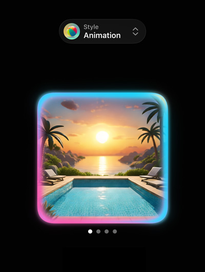 Image Playground screen with an illustration of a sunset by a pool with palm trees, showing options for custom image styles, such as animation.