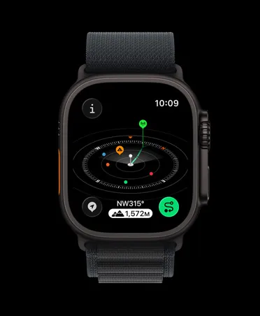 Apple Watch Ultra 3, black color, titanium case, Compass app, marked waypoints, band, black Alpine Loop