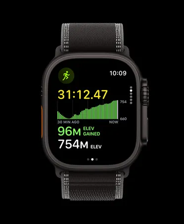 Apple Watch Ultra 3, titanium case, natural color, Apple Music, music and podcast suggestions, Trail Loop, green/neon color