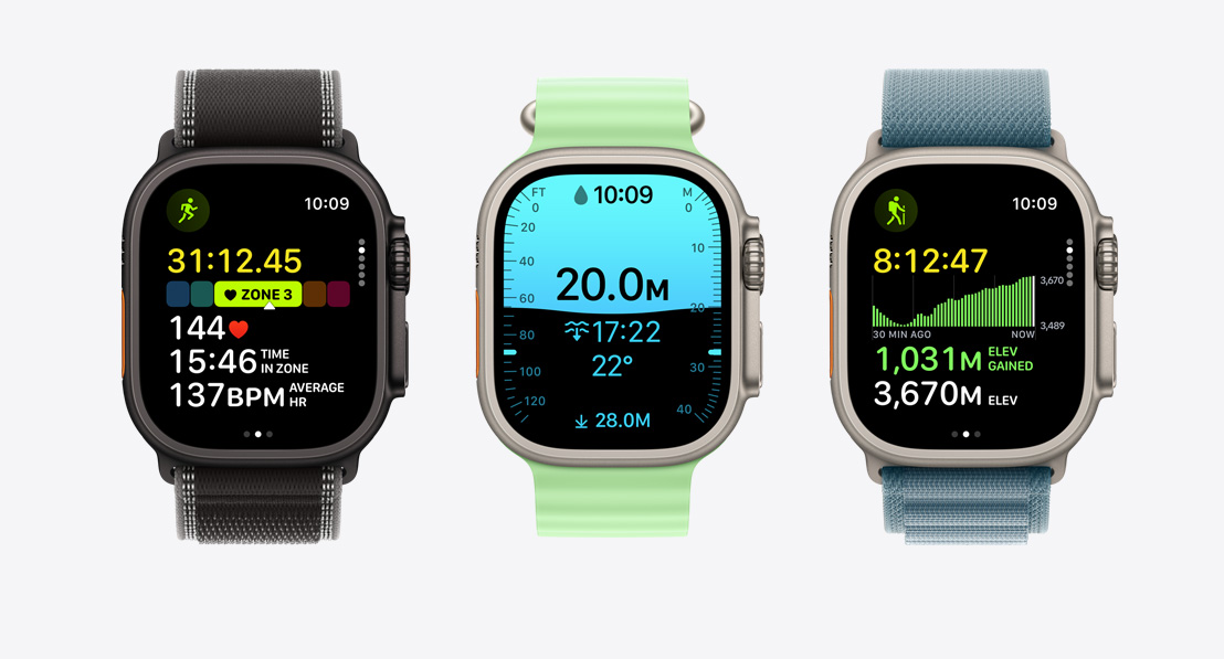Apple Watch Ultra 3 devices, titanium cases, natural and black colors, Workout app screens: running, scuba, hiking, bands: Trail Loop, black/charcoal color, Ocean Band, neon green color, Alpine Loop, anchor blue color