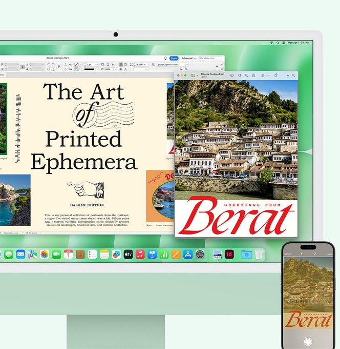 Zeleni iMac uz iPhone. Dokument skeniran iPhoneom prikazuje se na zaslonu iMaca