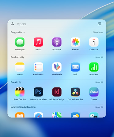 A Spotlight böngészési menüje, amely az appokat a következő kategóriák szerint szűrve jeleníti meg: Segédprogramok, Közösségi, Hatékonyság, pénzügy, Szórakozás, valamint Információk és olvasás