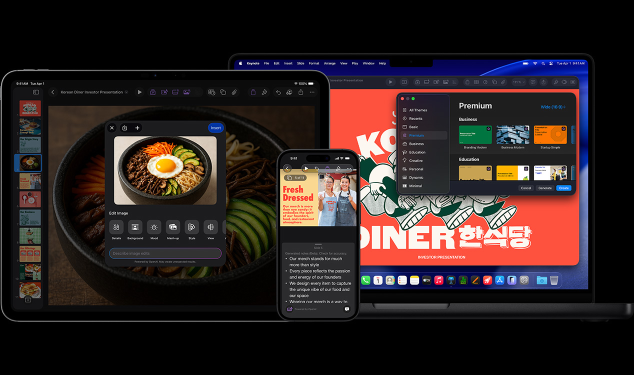 iPad Pro 13 screen showing Keynote with generative imagery of a bowl of vegetables and a fried egg, iPhone 16 screen showing Keynote with photo of two women and presenter notes, MacBook Pro 16 screen showing Keynote of a presentation with the Theme window open