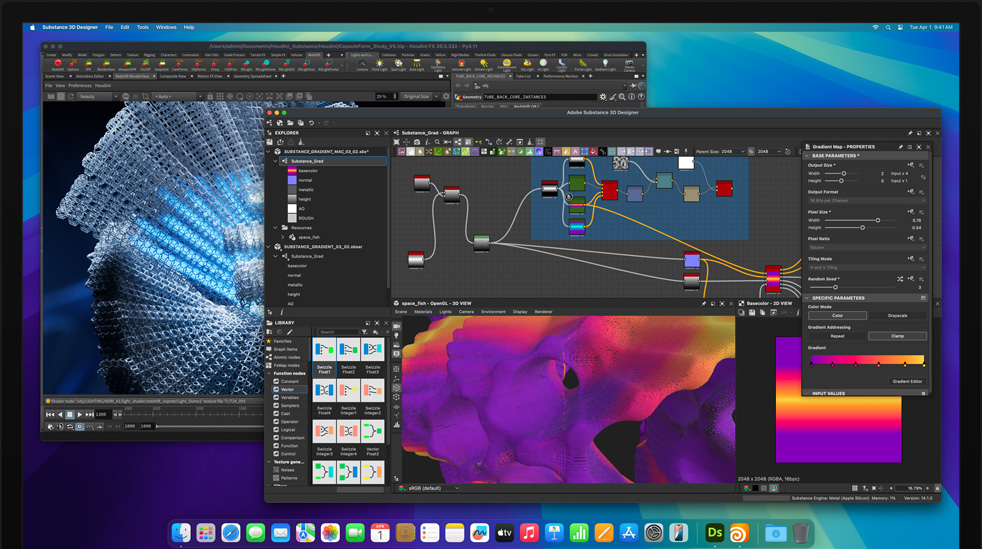 Layar program Adobe Substance Designer dan Houdini 3D yang sedang digunakan untuk mengedit di Mac Studio M4 Max