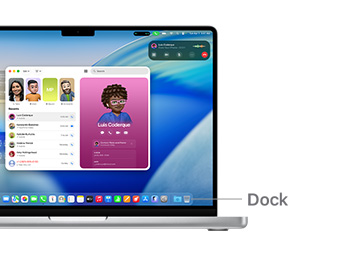 Tur navigasi macOS di MacBook Pro 14" dengan garis yang menunjukkan lokasi Dock.
