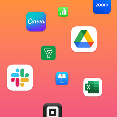 Icons of productivity apps including Slack, Canva, Google Workspace, Zoom, Quickbooks, Keynote, Excel, Square and Numbers against a colourful background.