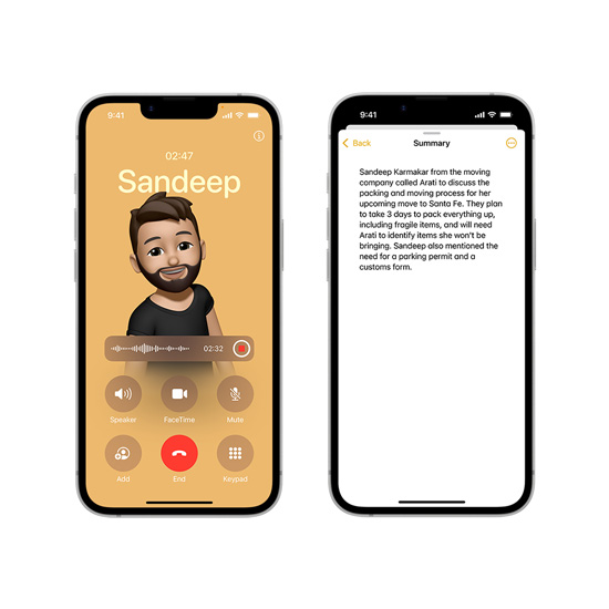 iPhone 16e screens with a summary of a phone call shown in the notes app generated by Apple Intelligence.