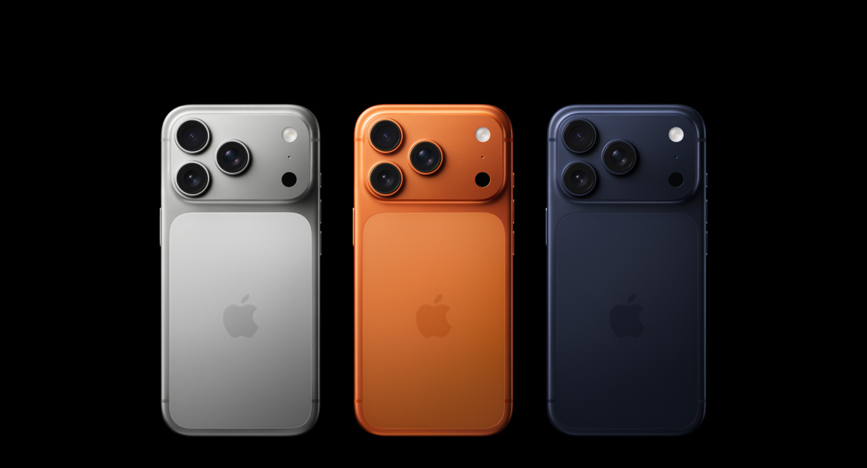 iPhone 17 Pro, back exterior, all three finishes, Silver, Cosmic Orange, Deep Blue, Pro Fusion camera system in top-left corner, 3 lenses, microphone, flash, Apple logo in centre