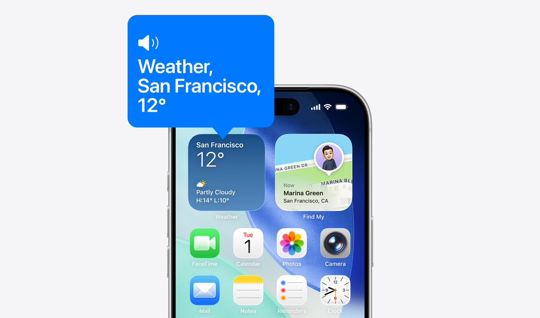 iPhone home screen, icon of weather widget being read aloud with VoiceOver