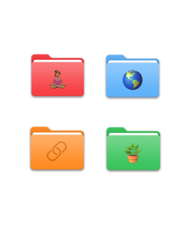Four File folders in a grid pattern, each one a different colour like red, light blue, orange, green with different icons on it like yogi, globe, URL link symbol and plant.