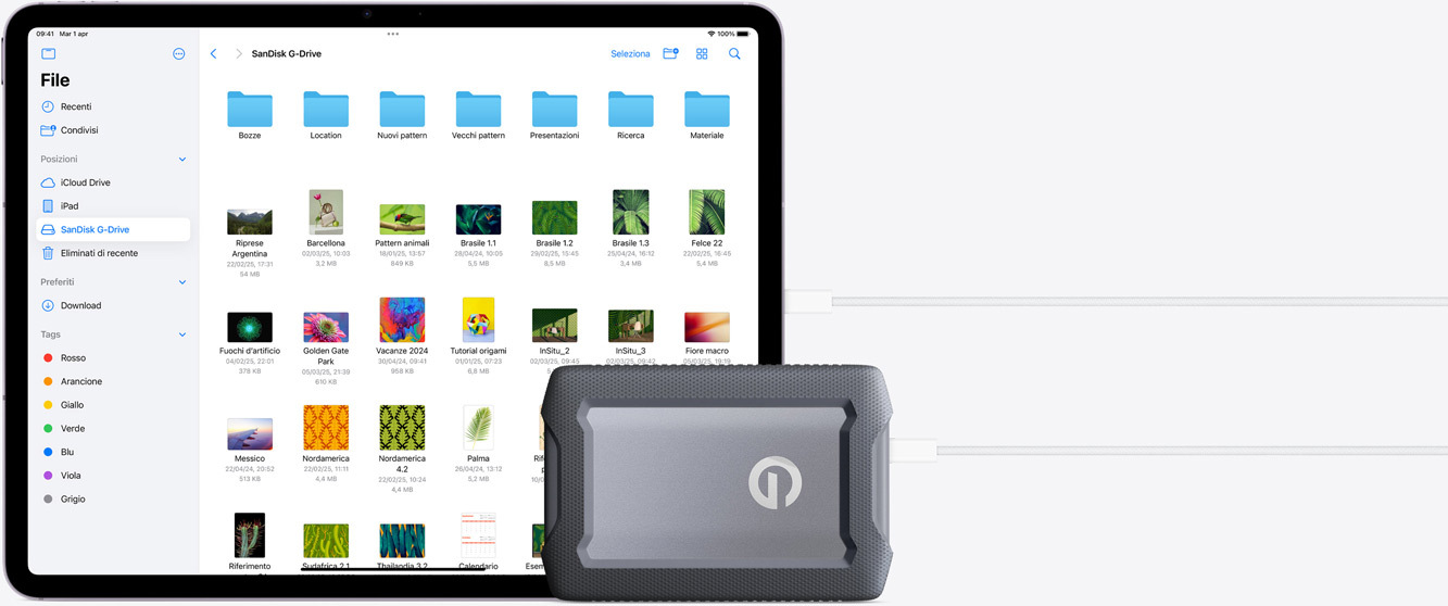 Un iPad Air collegato a un disco rigido esterno