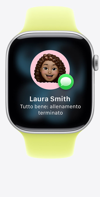 Apple Watch Series 11, cassa in alluminio color argento, suggerimento della funzione “Tutto bene?” in iMessage, cinturino Sport giallo neon