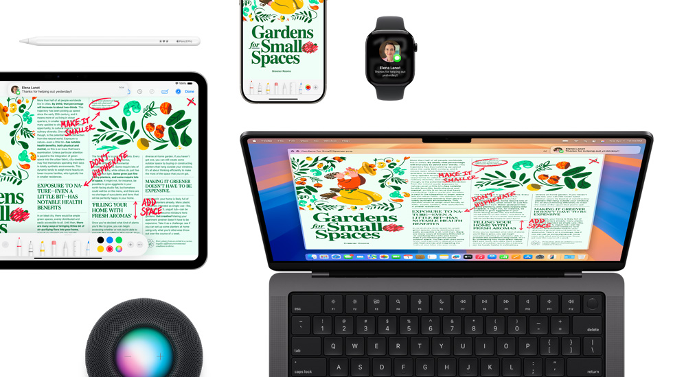 同じコンテンツが表示されている、iPad、iPhone、Apple Watch、Macなどのデバイス。