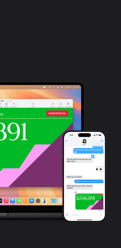 プレゼンテーションが表示されているMac。Macの前のiPhoneに、テキストのやり取りと、共有したプレゼンテーションが表示されている。