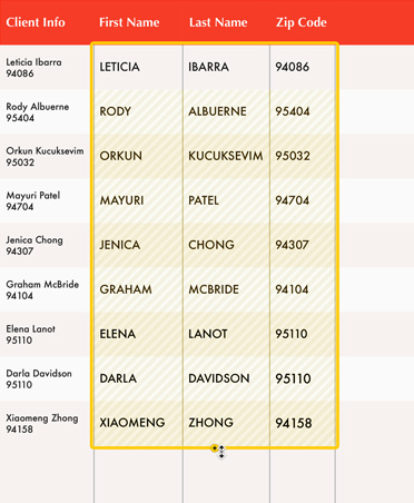 흰색 및 빨간색으로 구성된 고객 정보가 담긴 스프레드시트에서 매직 채우기 기능을 통해 채워진 빈 셀이 노란색으로 표시된 모습
