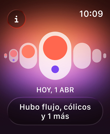 Control del Ciclo en la app Salud, puntos naranja y morados resaltan distintos síntomas menstruales