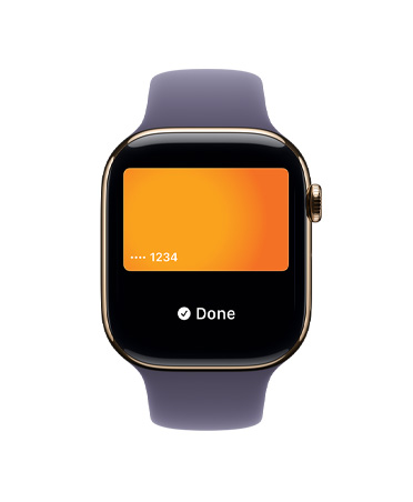Apple Watch Series 11, color oro, caja de titanio, Apple Pay, parte lateral derecha, Digital Crown, correa deportiva morado niebla