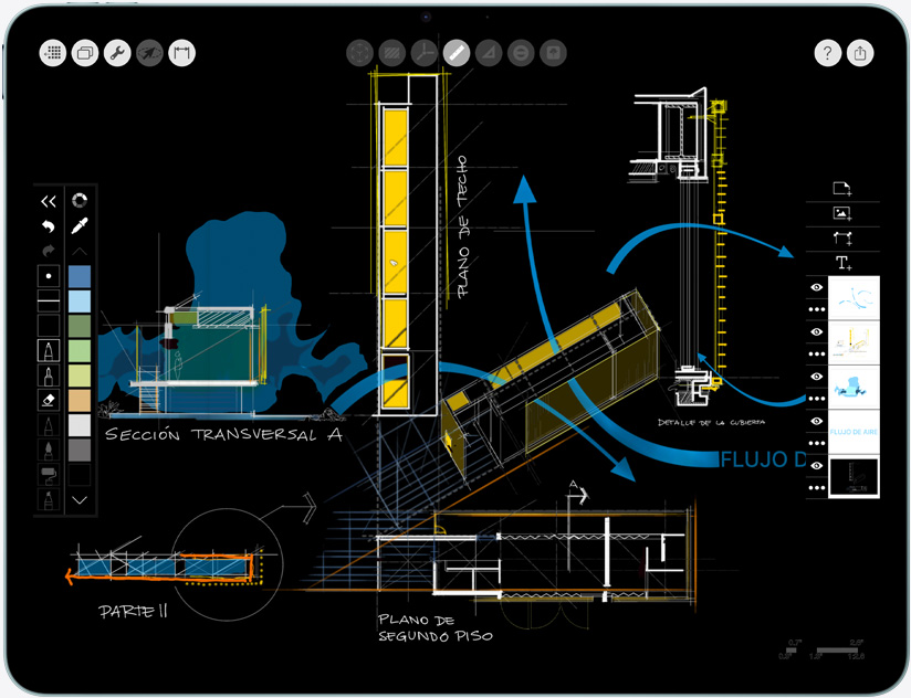 iPad Air, posición horizontal, muestra la app Morpholio Trace